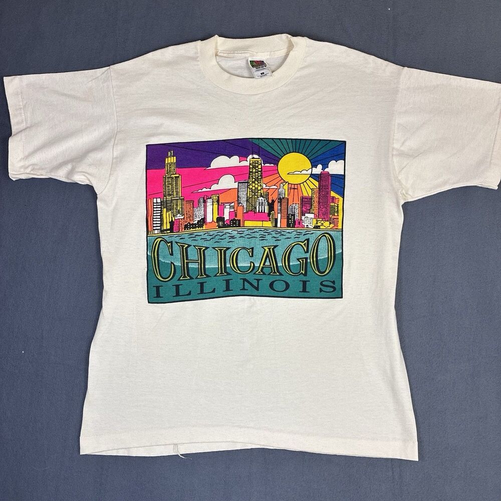 Vintage Chicago Illinois Skyline Tee L Colorful Graphic Fruit Of Loom 90s Retro